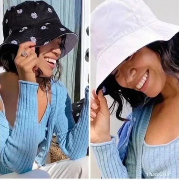 Alice + Olivia Bucket Hat Black Daisy Reversible One Size Summer Cute Floral - Picture 1 of 6